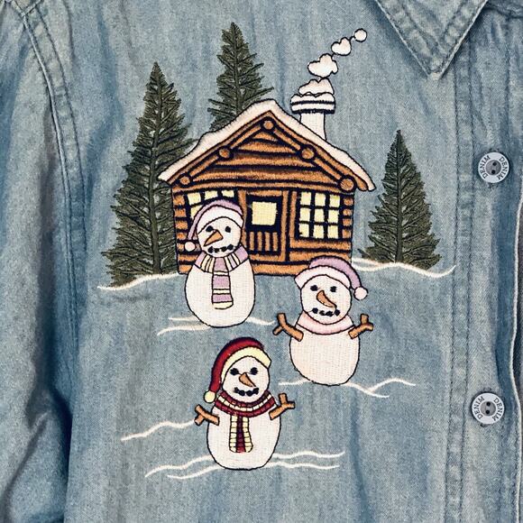 Passion-I Shirt Womens M Blue Denim Button Up Long Sleeve Embroidered Snowman - Picture 4 of 13